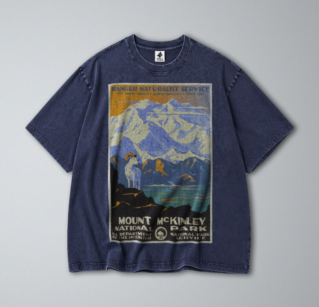 Oversized Snow Washed Cotton Tee - Denali National Park & Mt McKinley Print