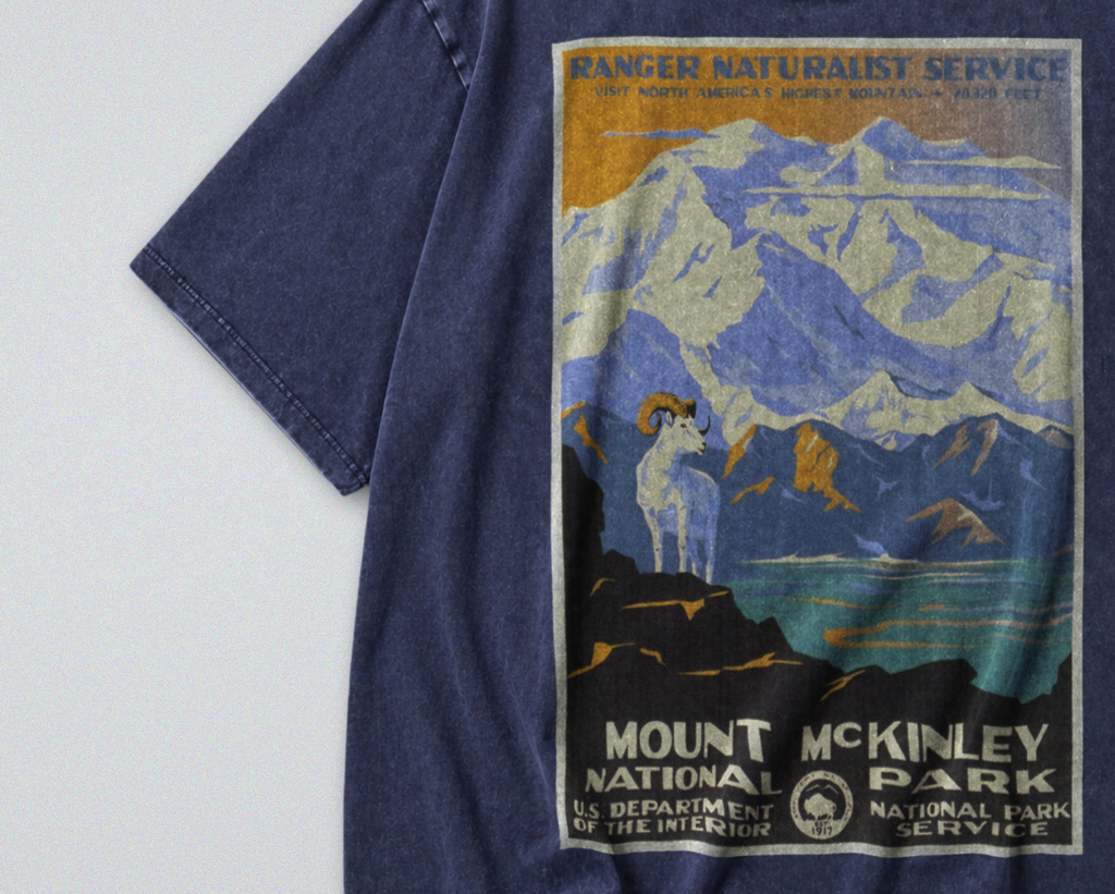 Oversized Snow Washed Cotton Tee - Denali National Park & Mt McKinley Print