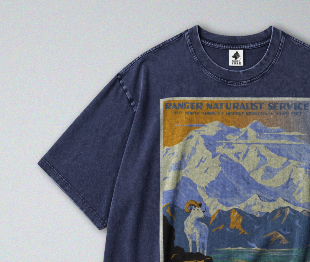 Oversized Snow Washed Cotton Tee - Denali National Park & Mt McKinley Print
