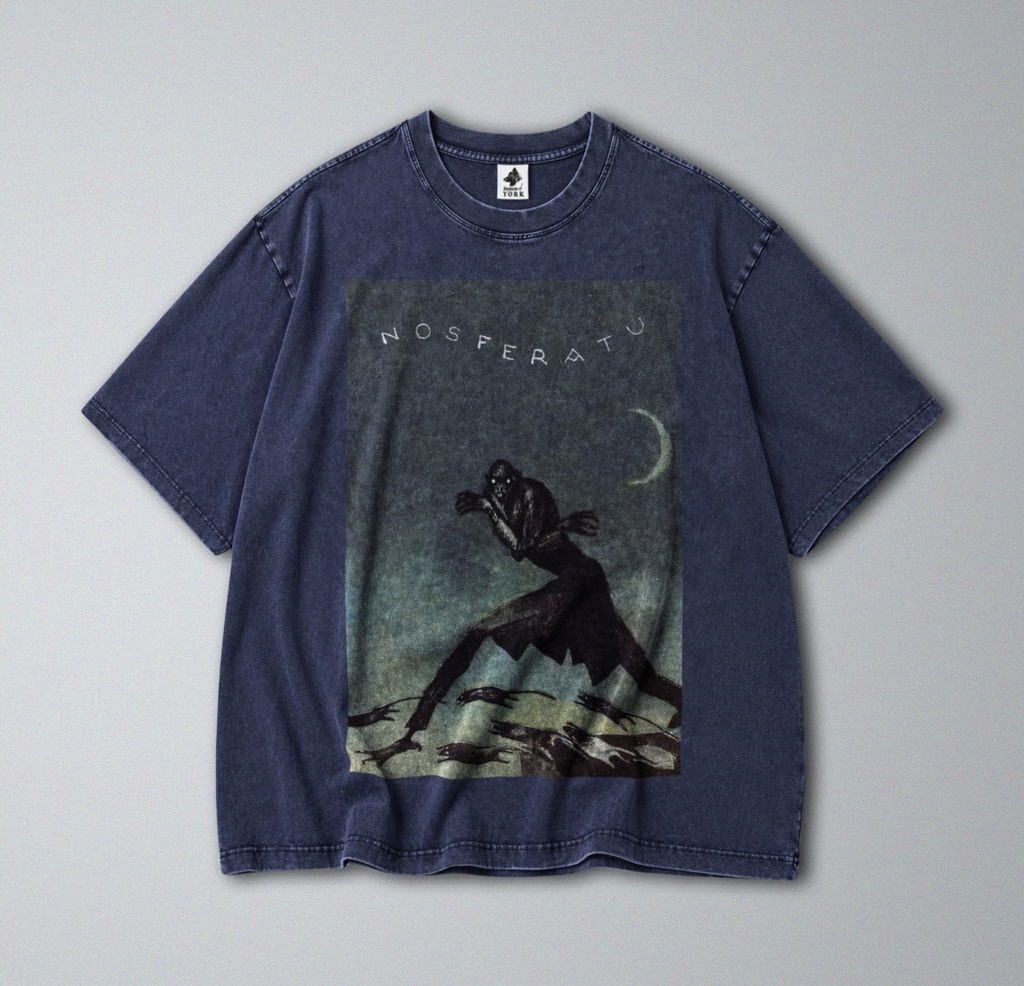 Oversized Snow Washed Cotton Tee - 1920s Nosferatu Movie Poster Print