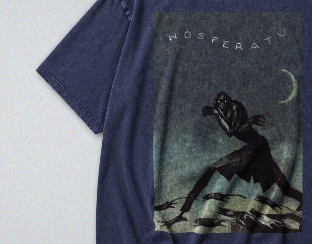 Oversized Snow Washed Cotton Tee - 1920s Nosferatu Movie Poster Print
