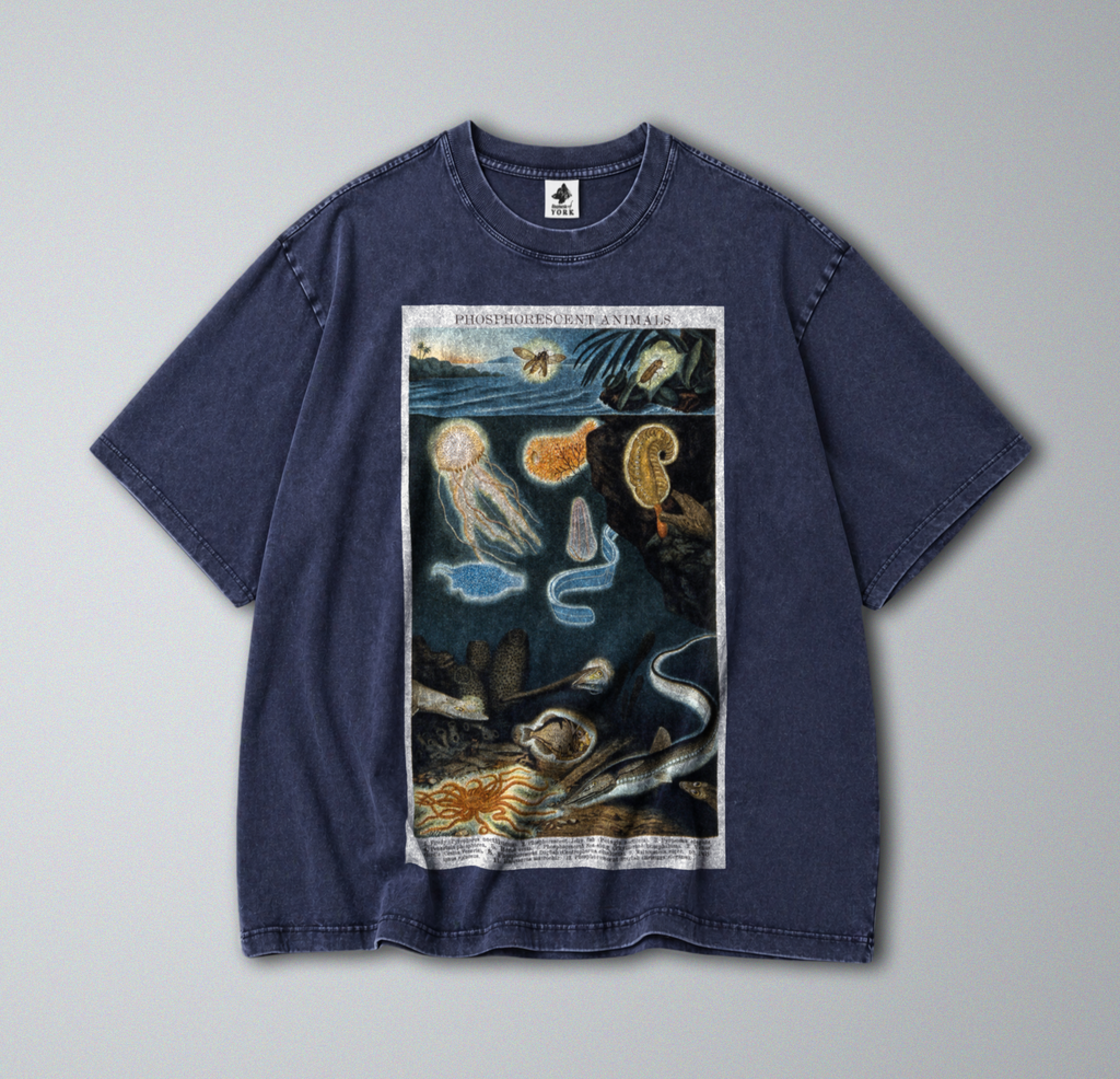 Oversized Snow Washed Cotton Tee - Phosphorescent sea Animals Print