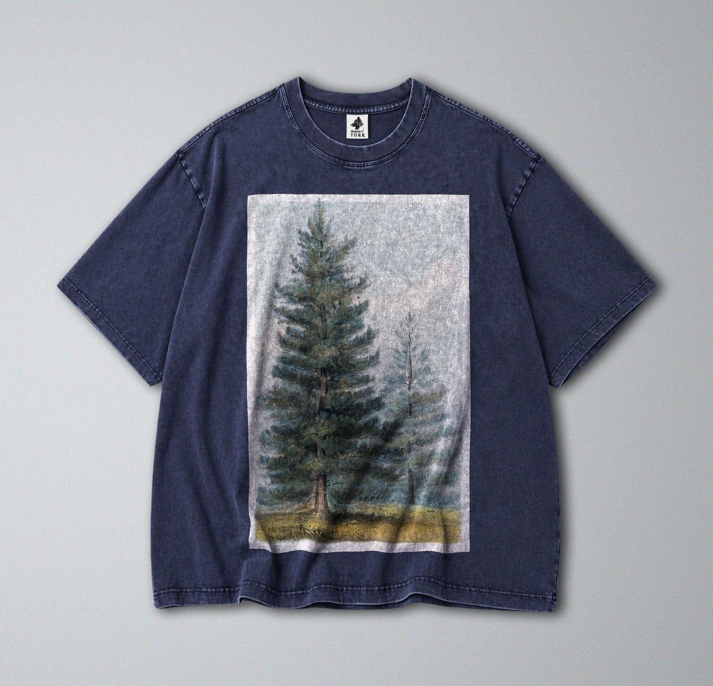 Oversized Snow Washed Cotton Tee - Pine tree forest Print