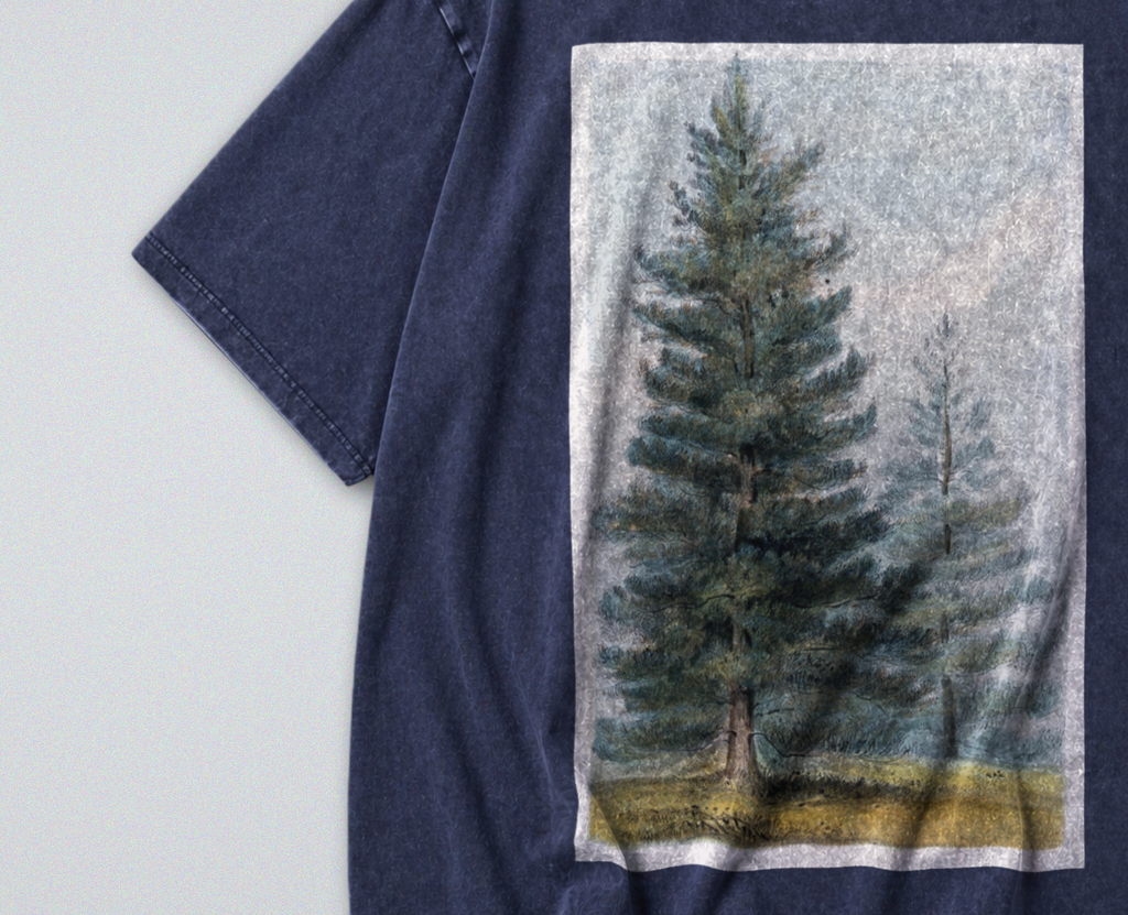 Oversized Snow Washed Cotton Tee - Pine tree forest Print