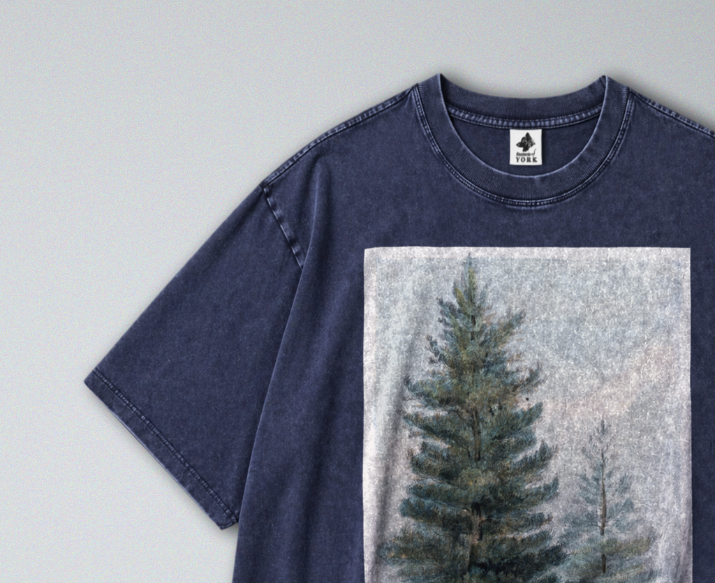 Oversized Snow Washed Cotton Tee - Pine tree forest Print