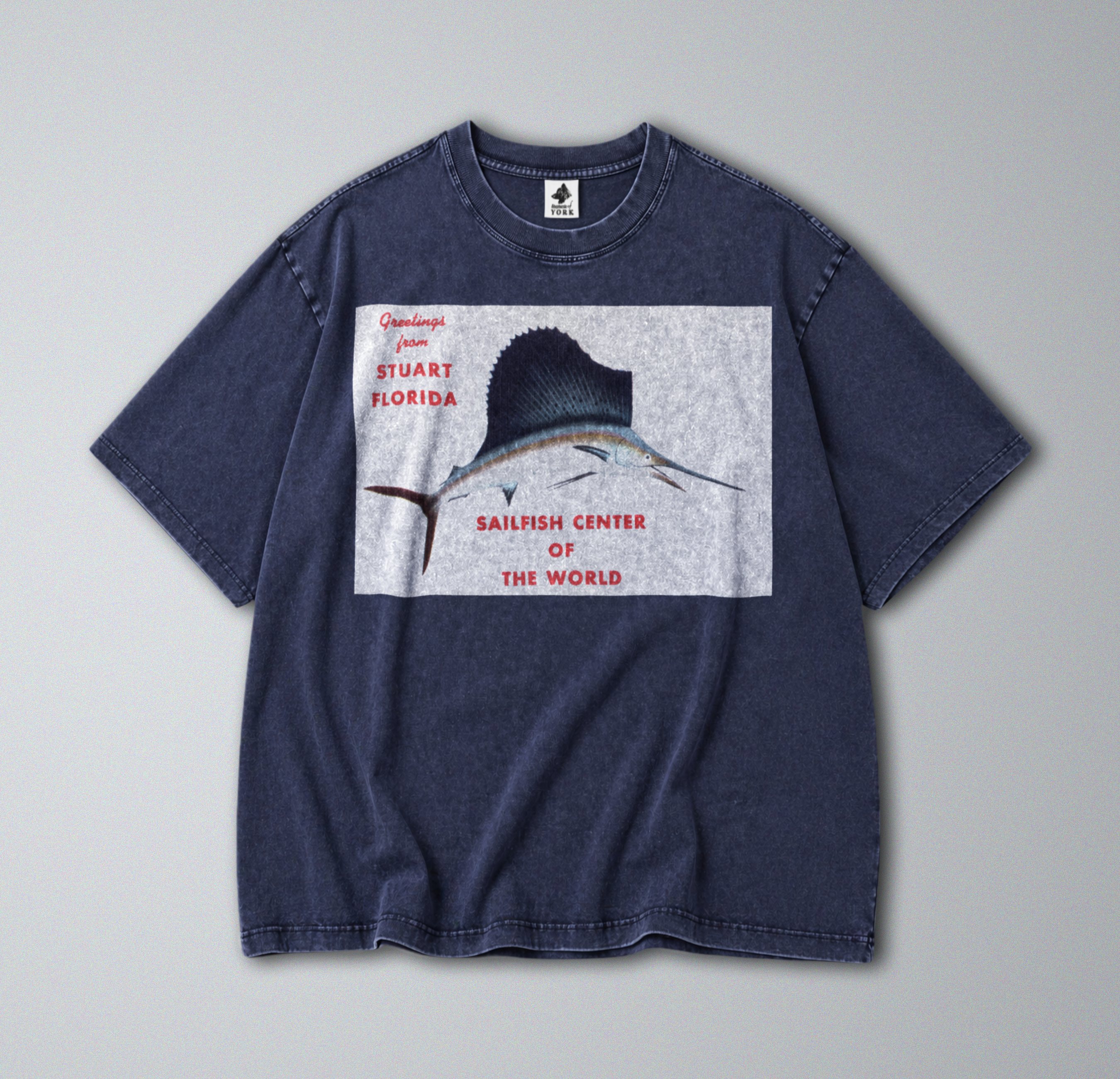 Oversized Snow Washed Cotton Tee - Florida Sailfish Postcard Print