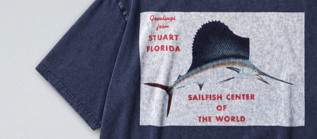 Oversized Snow Washed Cotton Tee - Florida Sailfish Postcard Print