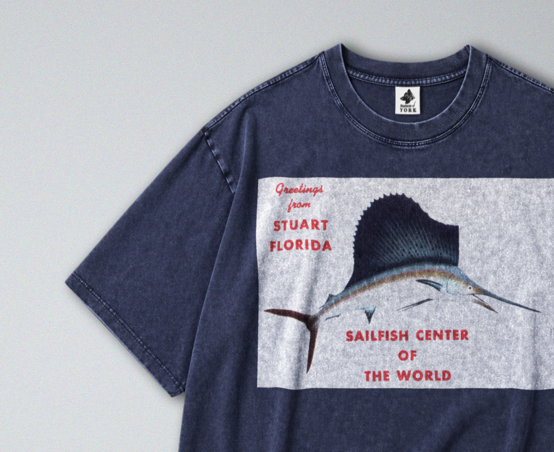 Oversized Snow Washed Cotton Tee - Florida Sailfish Postcard Print