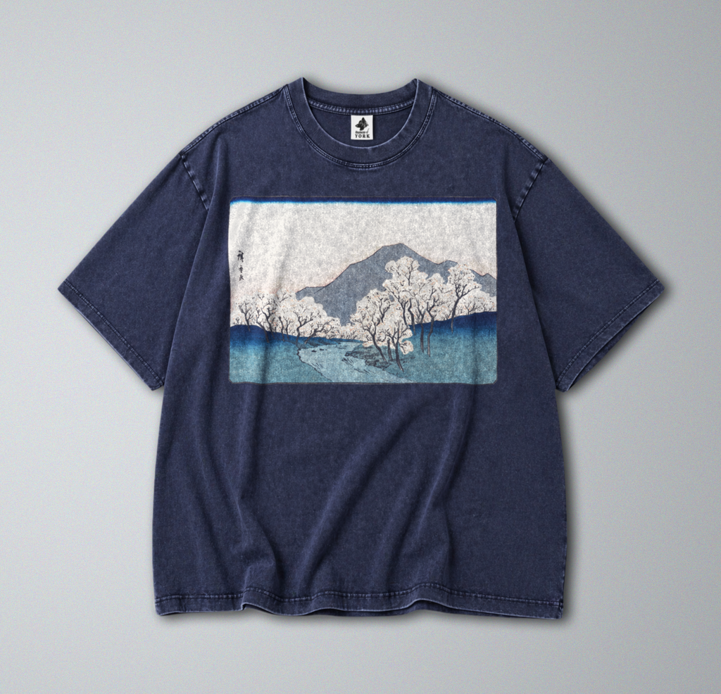 Oversized Snow Washed Cotton Tee - Japanese Sakura Mountain Print