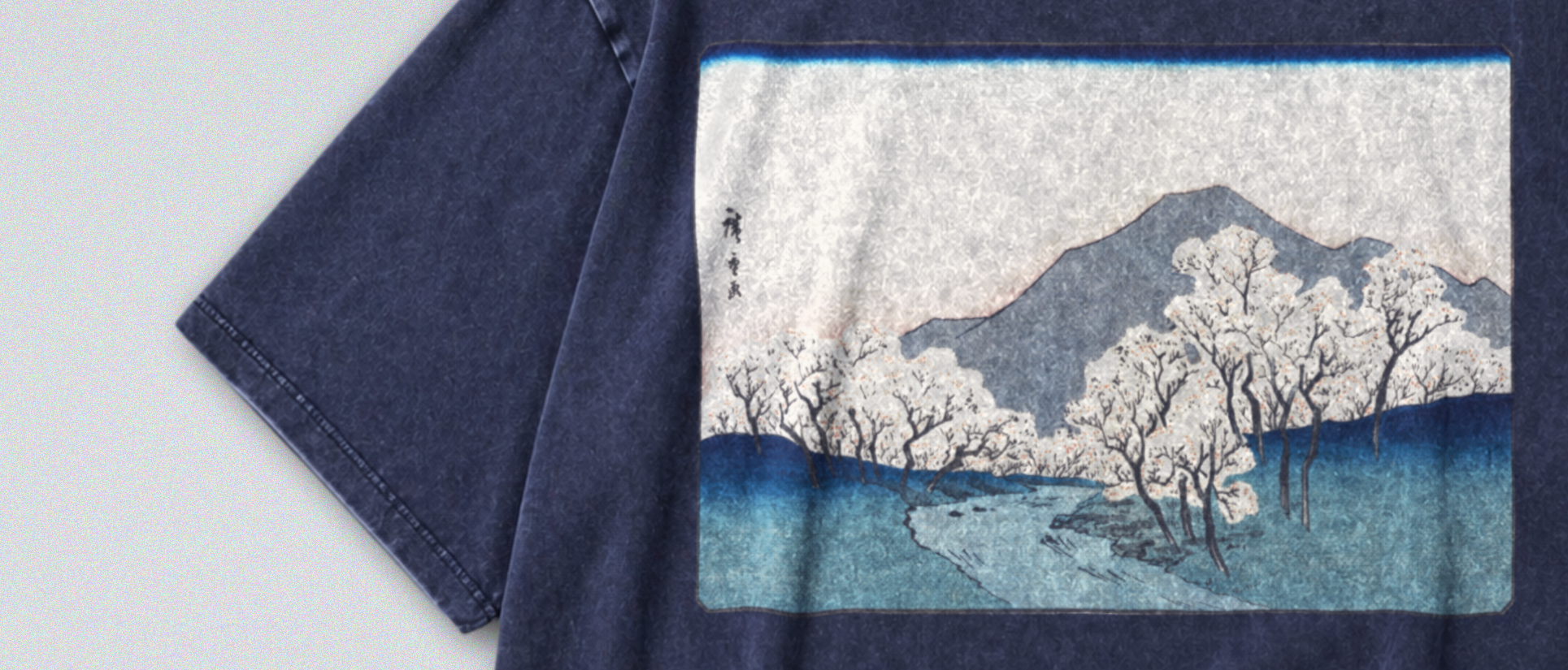 Oversized Snow Washed Cotton Tee - Japanese Sakura Mountain Print