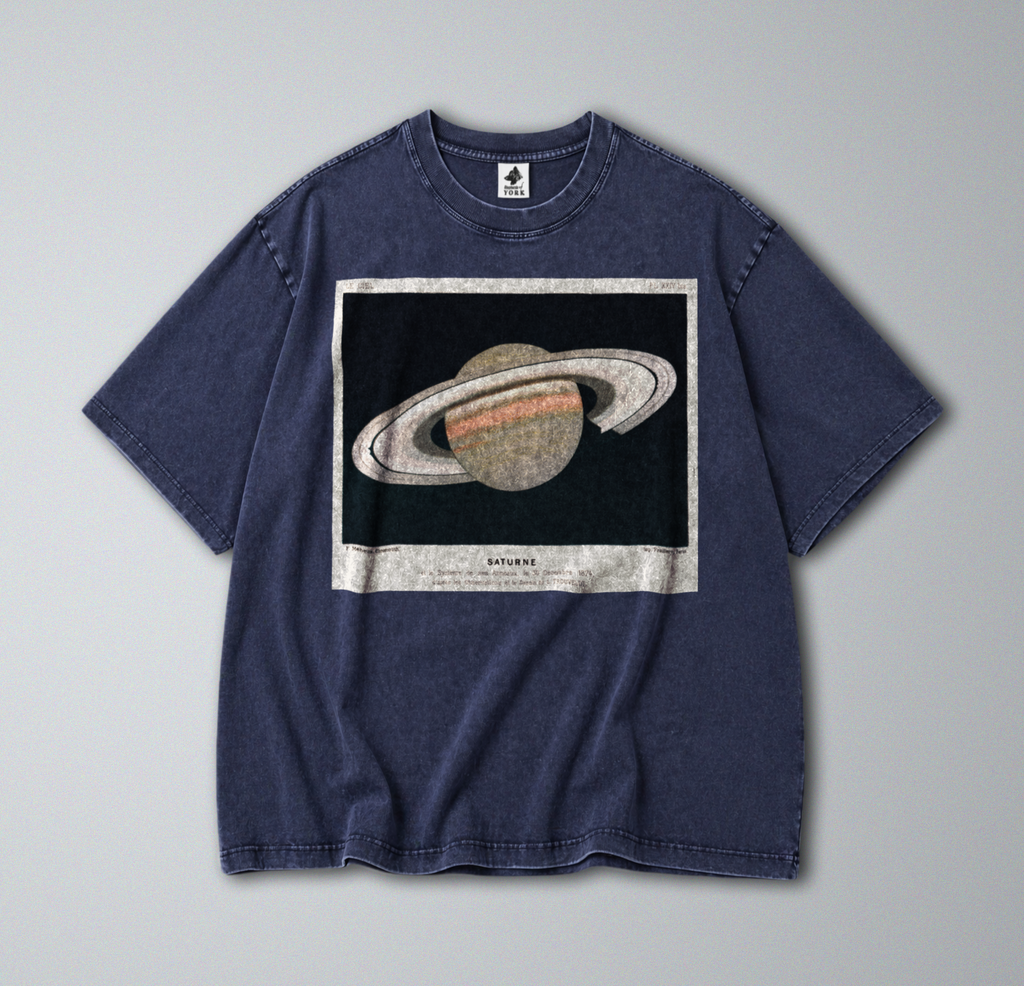 Oversized Snow Washed Cotton Tee - Saturn in Outer Space Print