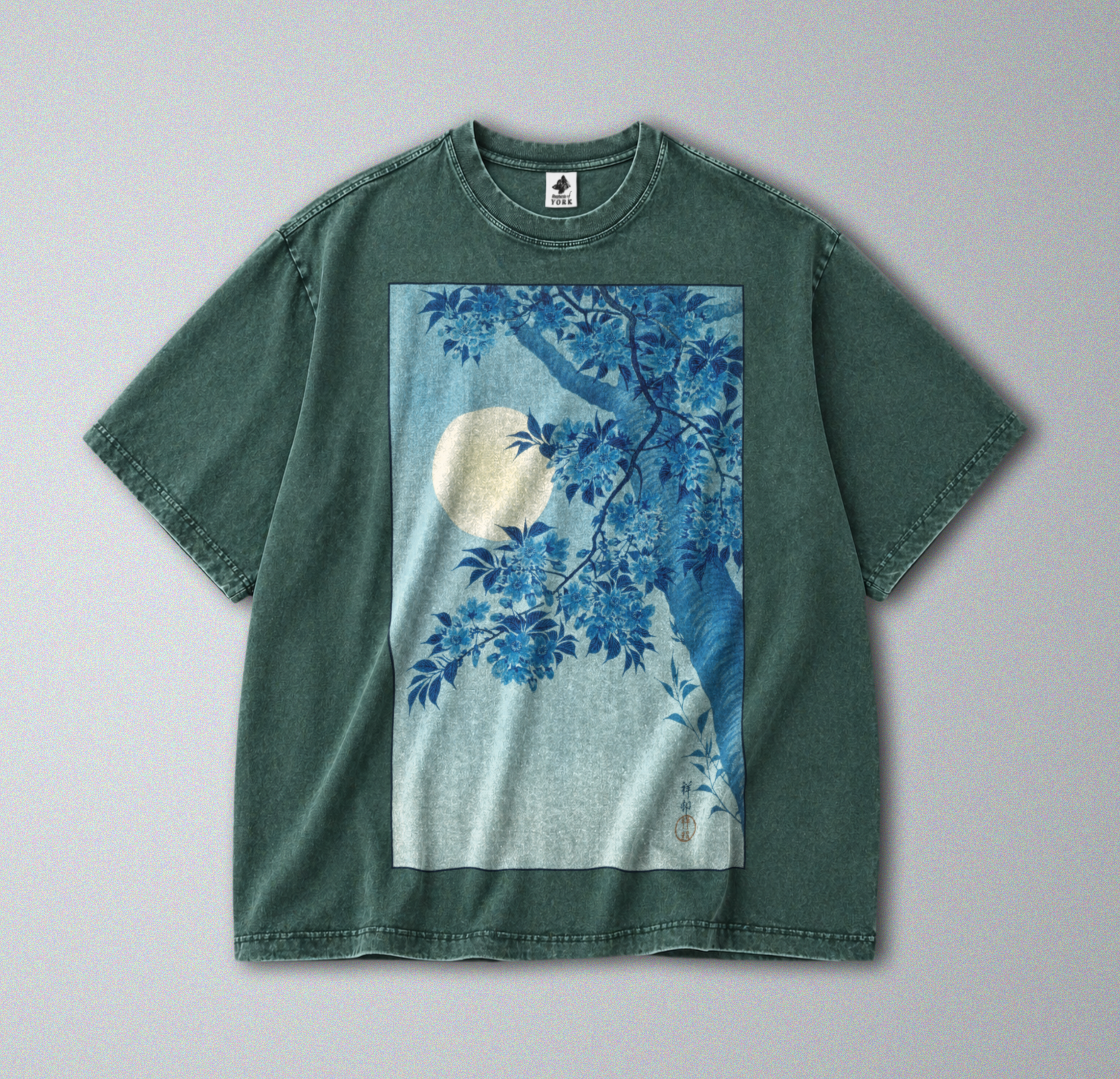 Oversized Snow Washed Cotton Tee - Japanese Tree in Moonlight Print