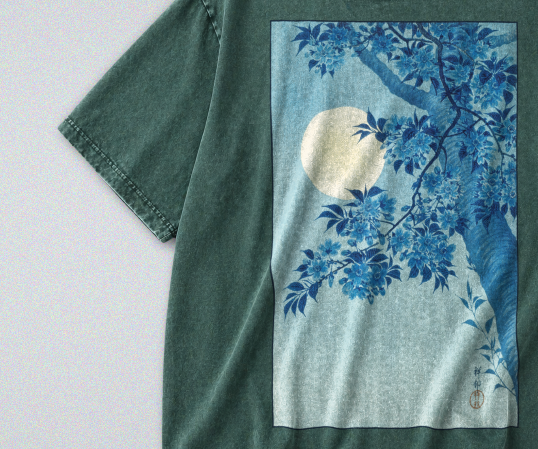 Oversized Snow Washed Cotton Tee - Japanese Tree in Moonlight Print