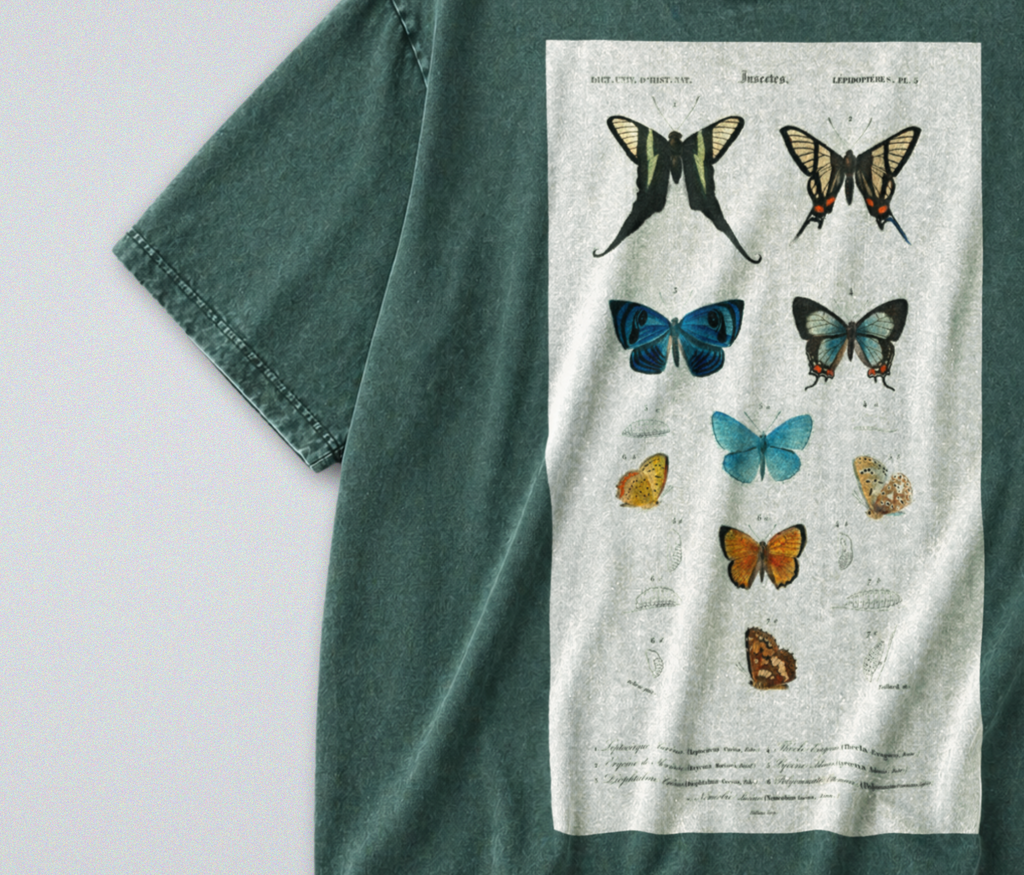 Oversized Snow Washed Cotton Tee - Vibrant Butterflies Print