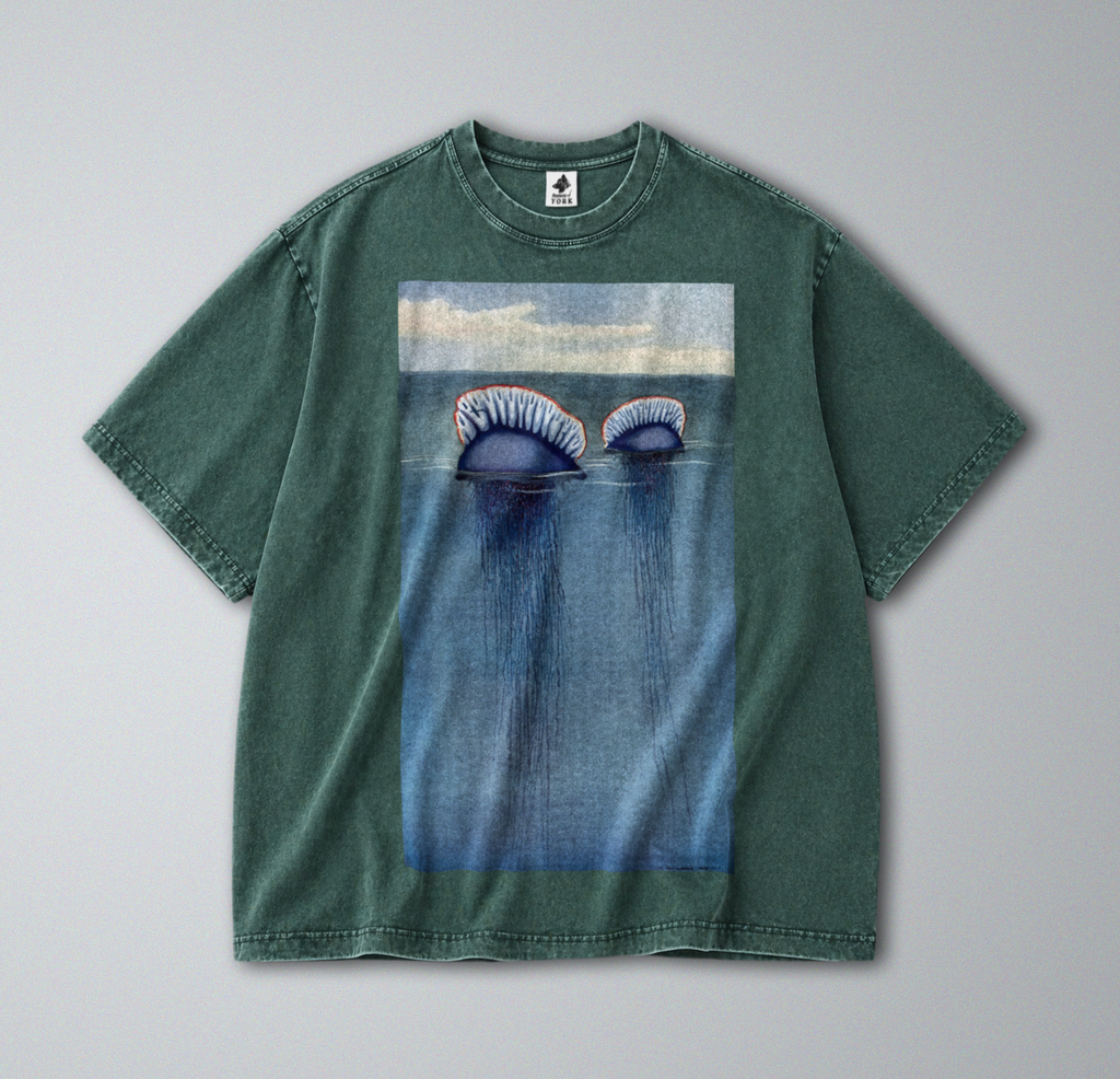 Oversized Snow Washed Cotton Tee - Portuguese Man O' War Print