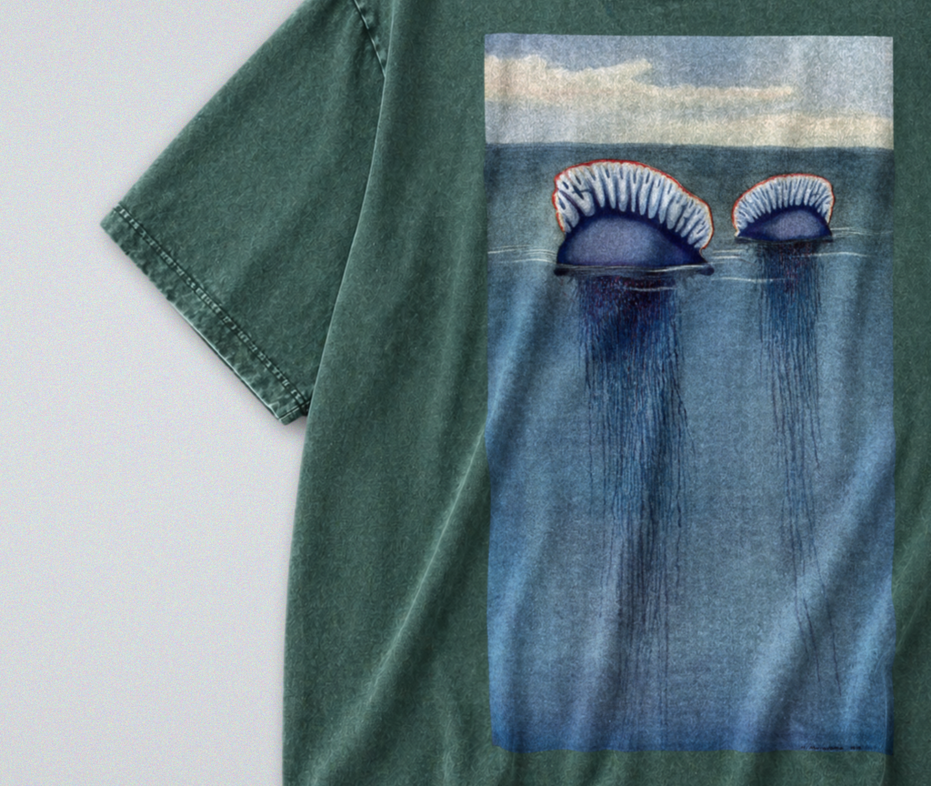 Oversized Snow Washed Cotton Tee - Portuguese Man O' War Print