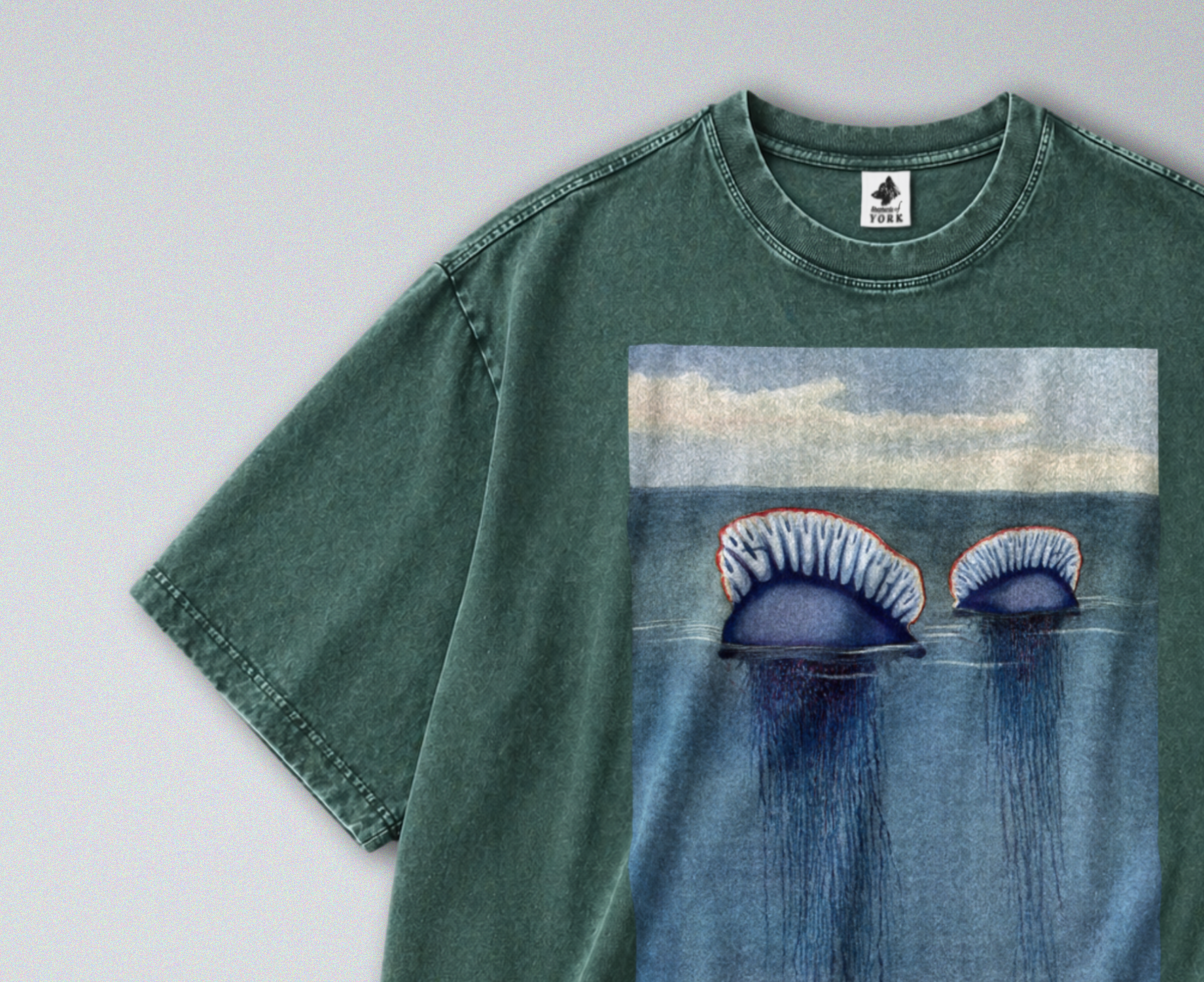 Oversized Snow Washed Cotton Tee - Portuguese Man O' War Print