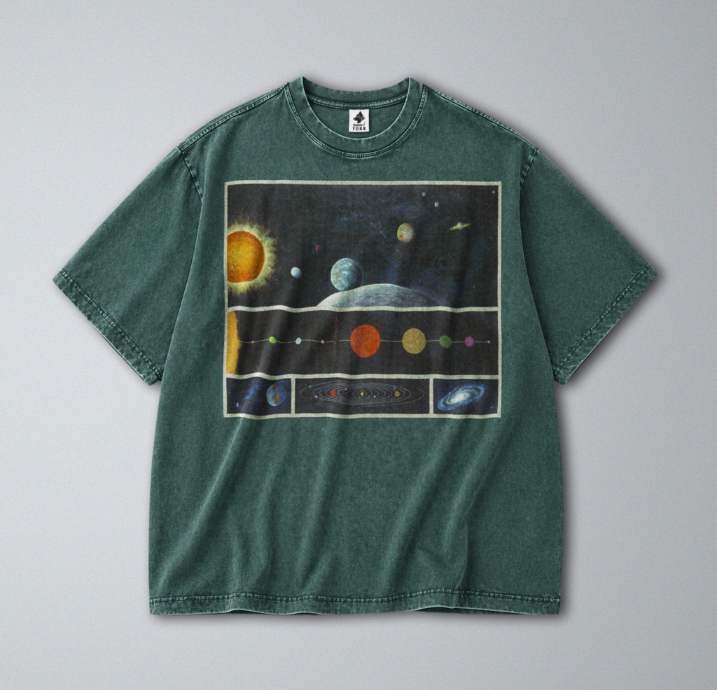 Oversized Snow Washed Cotton Tee - Planets of the Solar System Print