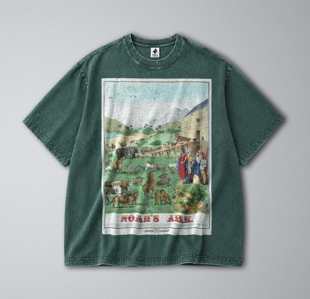 Oversized Snow Washed Cotton Tee - Illustration of Noah's Ark Print