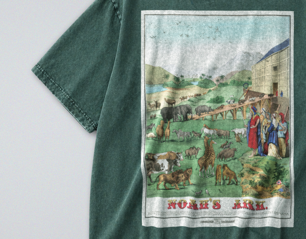 Oversized Snow Washed Cotton Tee - Illustration of Noah's Ark Print