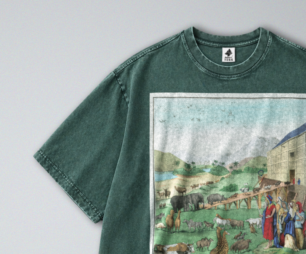 Oversized Snow Washed Cotton Tee - Illustration of Noah's Ark Print