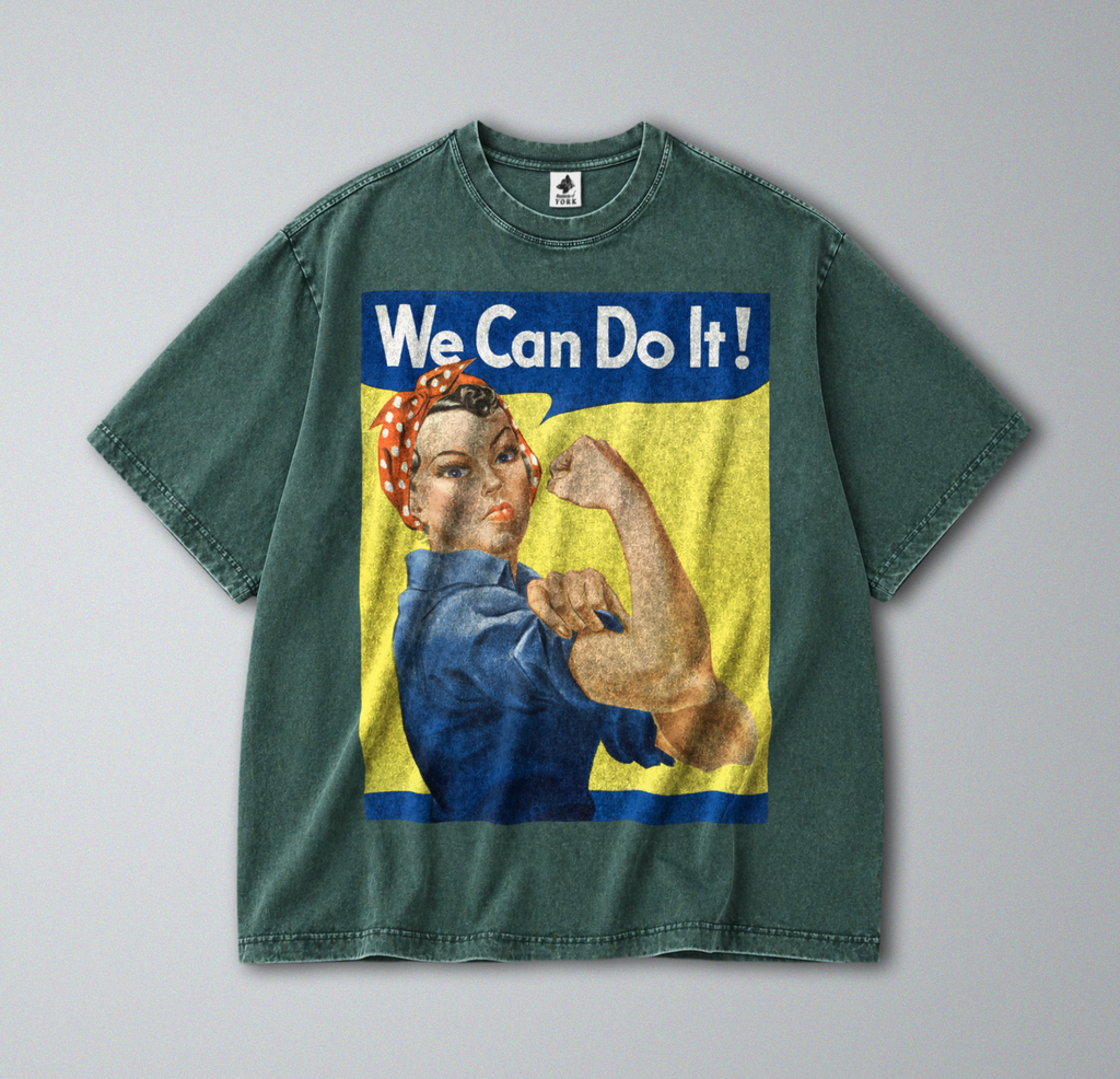 Oversized Snow Washed Cotton Tee - Rosie the Riveter Print