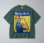 Oversized Snow Washed Cotton Tee - Rosie the Riveter Print