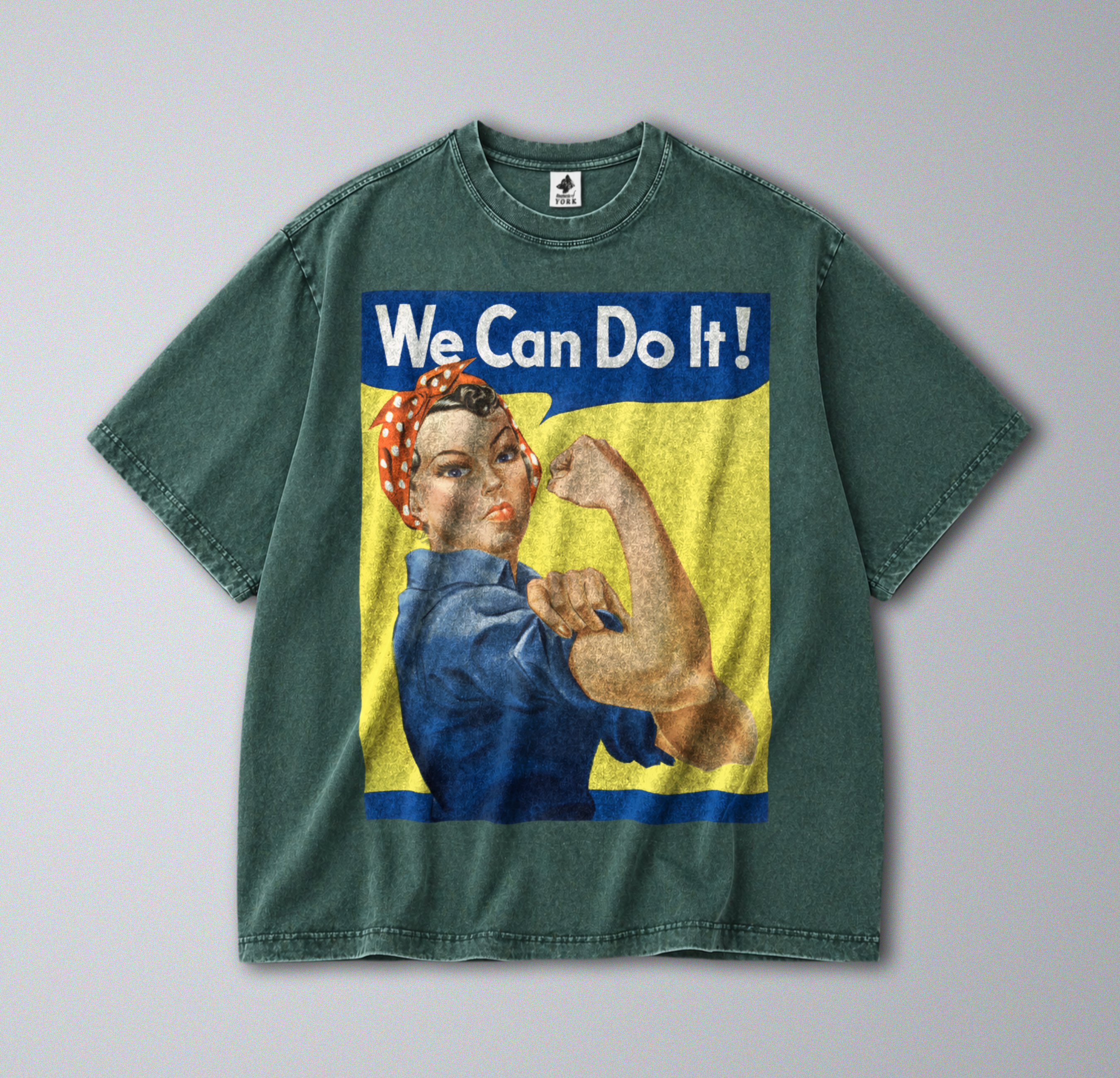 Oversized Snow Washed Cotton Tee - Rosie the Riveter Print