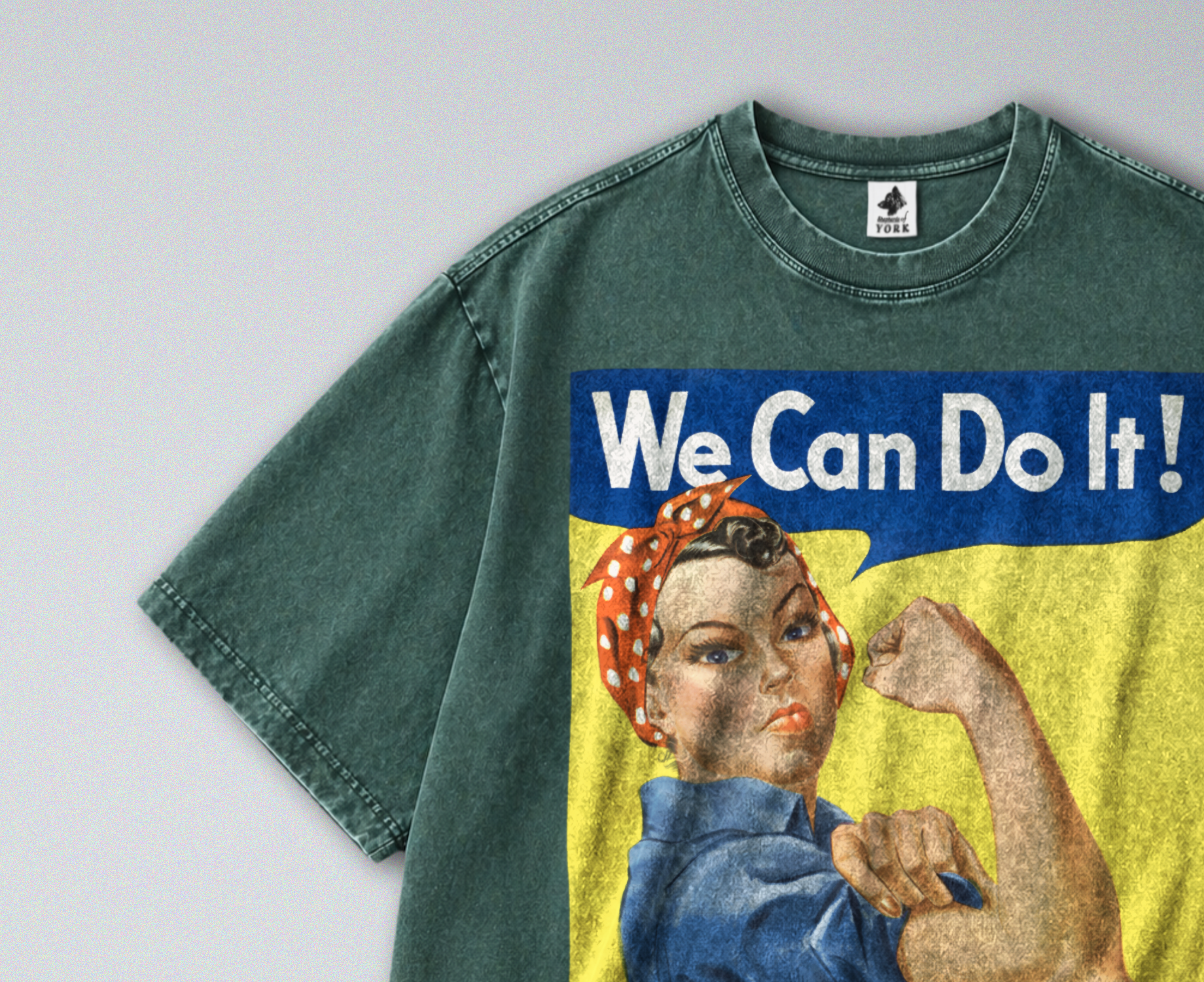 Oversized Snow Washed Cotton Tee - Rosie the Riveter Print