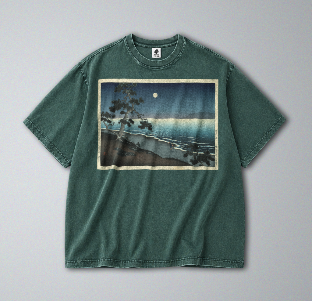 Oversized Snow Washed Cotton Tee - Japanese Beach Landscape Print