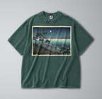 Oversized Snow Washed Cotton Tee - Japanese Beach Landscape Print