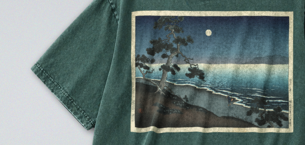 Oversized Snow Washed Cotton Tee - Japanese Beach Landscape Print