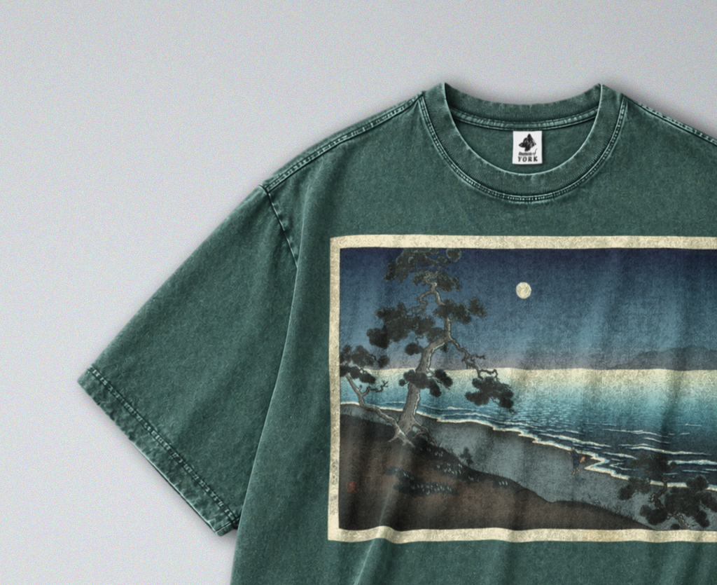 Oversized Snow Washed Cotton Tee - Japanese Beach Landscape Print