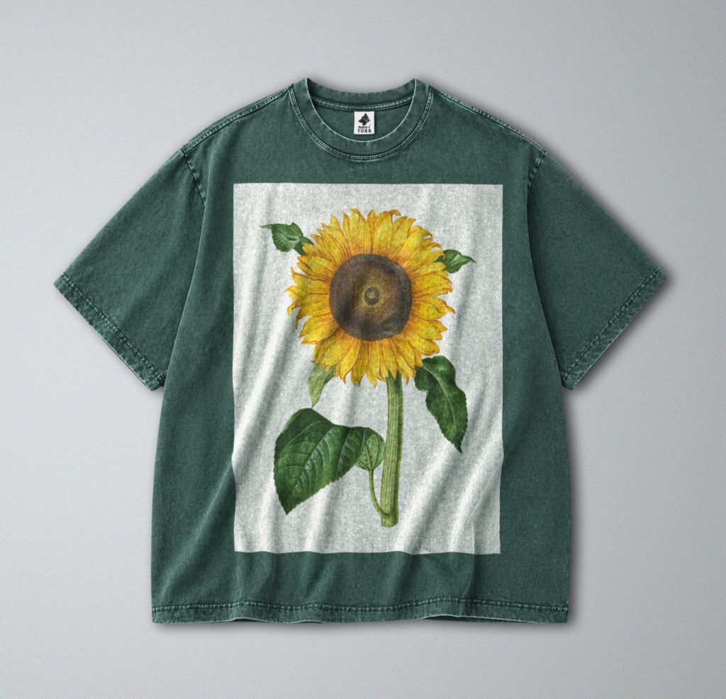 Oversized Snow Washed Cotton Tee - Cottagecore Sunflower Print