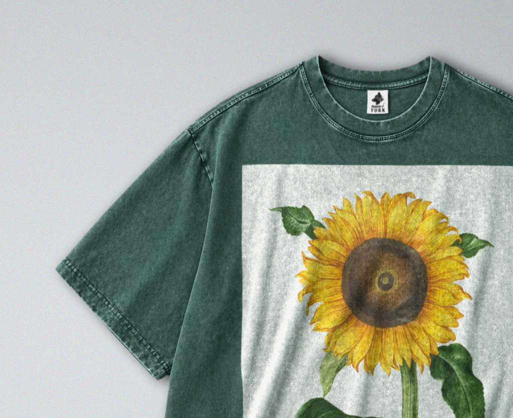 Oversized Snow Washed Cotton Tee - Cottagecore Sunflower Print