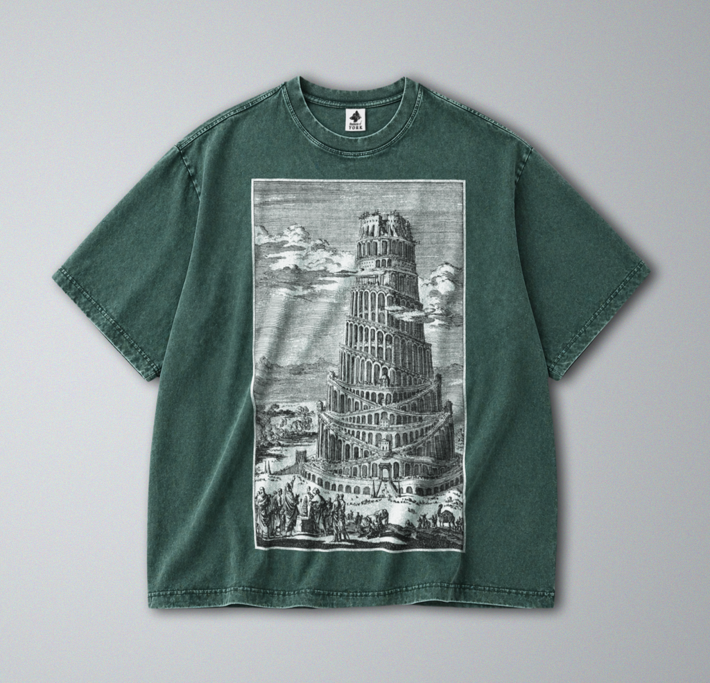 Oversized Snow Washed Cotton Tee - Tower of Babel Print