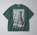 Oversized Snow Washed Cotton Tee - Tower of Babel Print