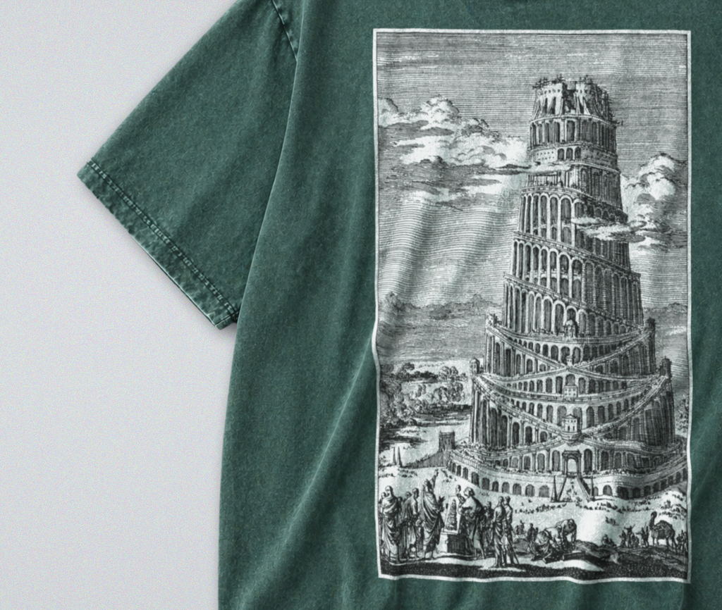 Oversized Snow Washed Cotton Tee - Tower of Babel Print