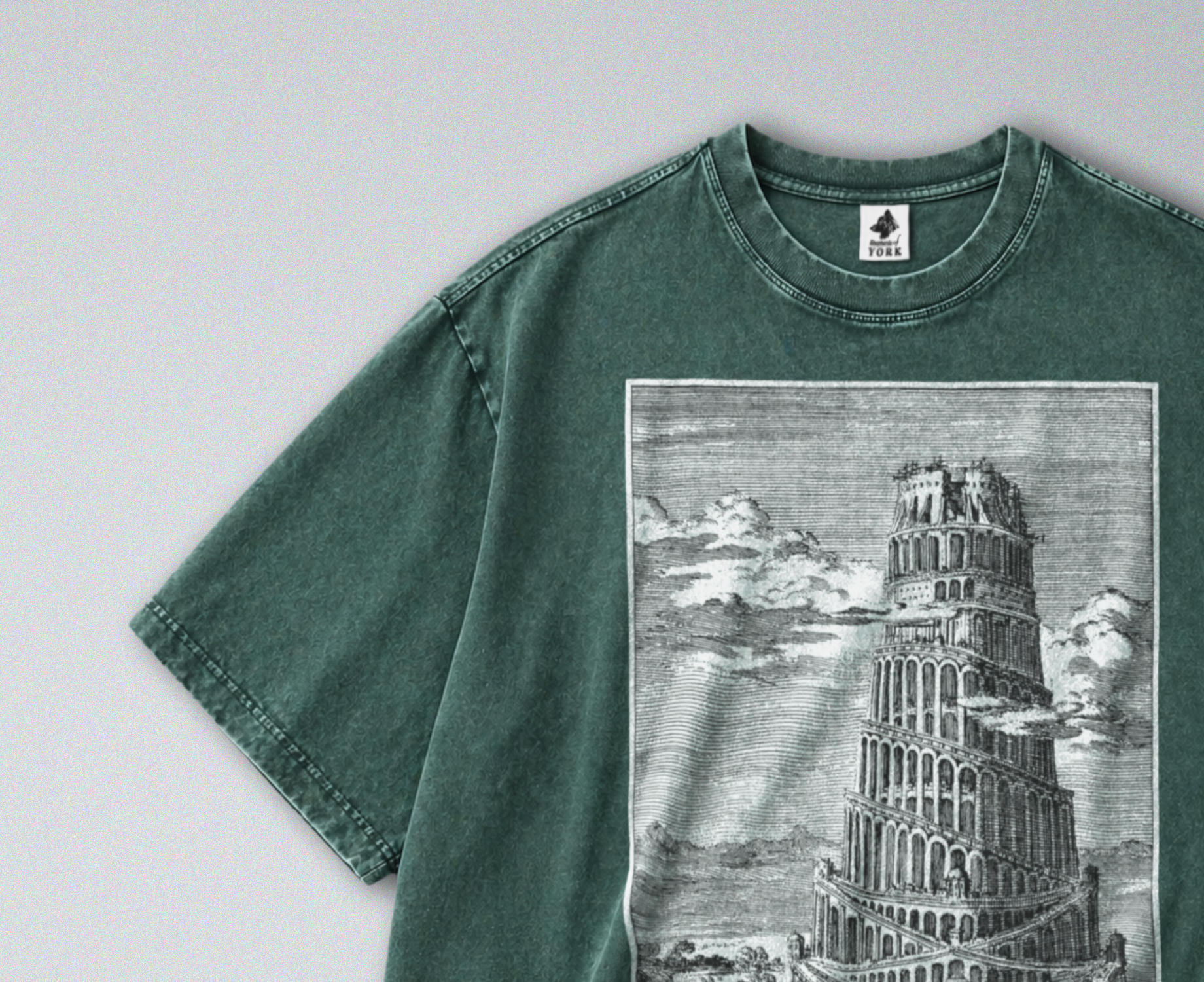 Oversized Snow Washed Cotton Tee - Tower of Babel Print