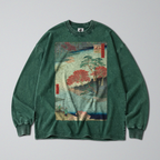 Oversized Snow Washed Long Sleeve Cotton Tee - Japanese Flowing River Print