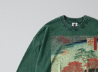 Oversized Snow Washed Long Sleeve Cotton Tee - Japanese Flowing River Print