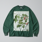Oversized Snow Washed Long Sleeve Cotton Tee - Botanical Holly Branch Print