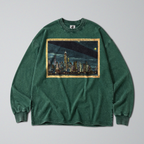 Oversized Snow Washed Long Sleeve Cotton Tee - New York Skyline at Night Print