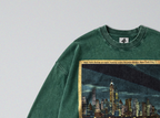 Oversized Snow Washed Long Sleeve Cotton Tee - New York Skyline at Night Print