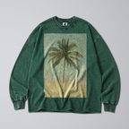 Oversized Snow Washed Long Sleeve Cotton Tee - Minimalist Palm Tree Print
