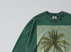 Oversized Snow Washed Long Sleeve Cotton Tee - Minimalist Palm Tree Print