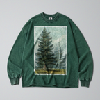 Oversized Snow Washed Long Sleeve Cotton Tee - Woodland Pine Tree Print