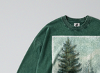 Oversized Snow Washed Long Sleeve Cotton Tee - Woodland Pine Tree Print