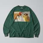 Oversized Snow Washed Long Sleeve Cotton Tee - Funny Raccoon Print