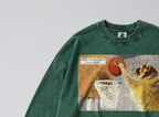 Oversized Snow Washed Long Sleeve Cotton Tee - Funny Raccoon Print
